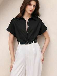 Nueva llegada Camisa casual de manga corta con botones delanteros de unicolor, adecuada para uso diario, primavera/verano - Negro - Ver 1