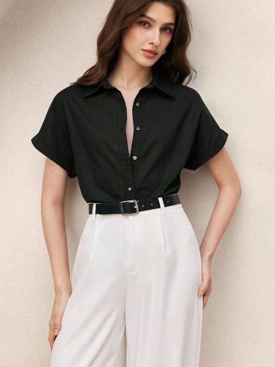 Nueva llegada Camisa casual de manga corta con botones delanteros de unicolor, adecuada para uso diario, primavera/verano - Negro - Ver 1