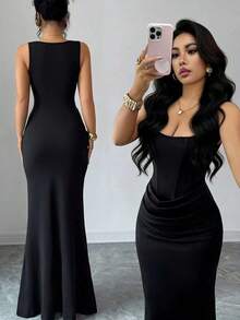 YHHSelianne Nuevo vestido de verano sexy, vestido negro ajustado con cuello cuadrado francés, ribete con falso boning, silueta de sirena, detalle de drapeado en la cintura, vestido de gala para boda, vacaciones, cita, fiesta, Día de San ValentínYHH - Gris - Ver 9