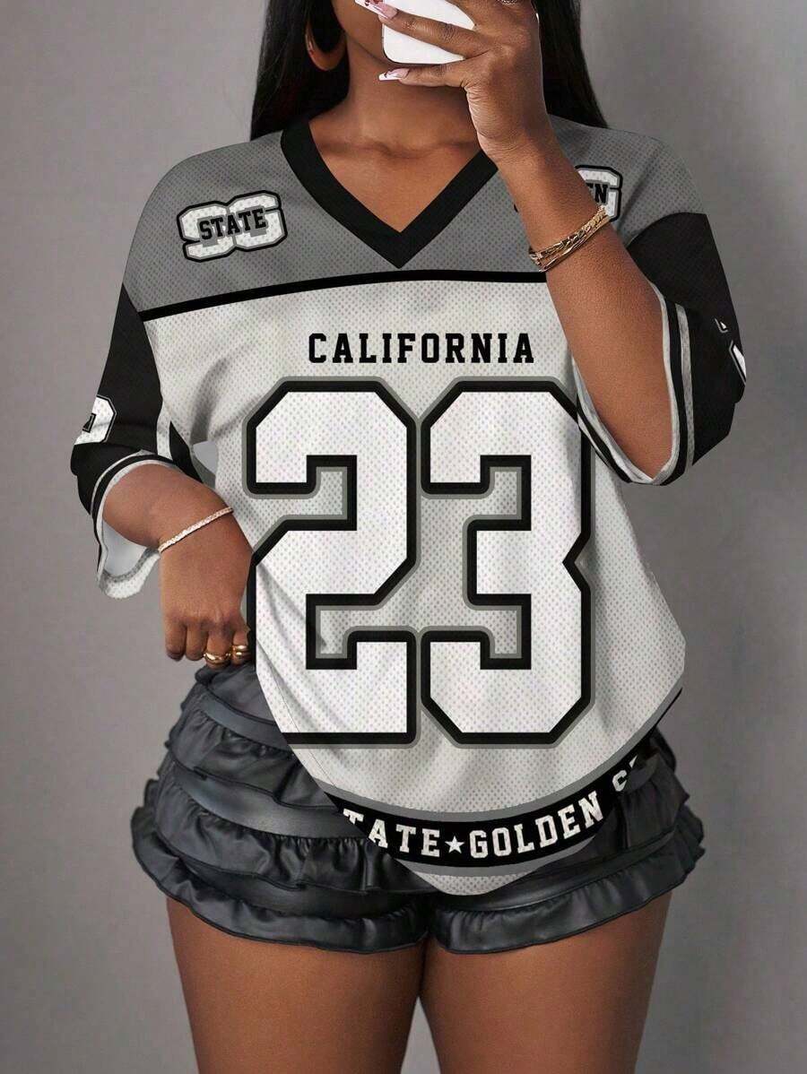 Camiseta casual con estampado de número 07 y letras para mujer, adecuada para el verano - Multicolor 3 - Ver 1