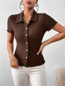 Frenchy Camiseta unicolor con botón delantero - Marrón - Ver 5