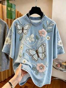 Camiseta de manga corta con estampado floral, camiseta de verano, blusa refrescante para damas, camiseta estética - Multicolor - Ver 4