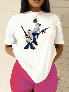 Women's fashionable T-shirt, featuring the "Mighty Man from  and " pattern print, made of 100% pure cotton with a round neck and short sleeves. It is comfortable and breathable, casual and elegant, a must-have for summer. - Blanco - Ver 6