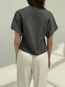 Camisa blanca sólida con mangas de murciélago, doble botonadura y frente abierto elegante - Gris - Ver 2