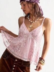 Camiseta de tirantes finos sin mangas de verano con lentejuelas de moda casual para mujeres - Rosa - Ver 8