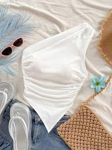 Blusa asimétrica de hombro con bajo asimétrico en color rojo rosa, ideal para vacaciones de verano - Blanco - Ver 4