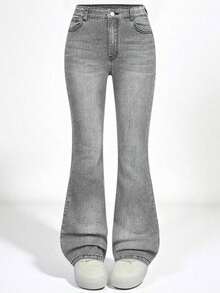 Explorewe Jeans de mezclilla estilo Y2K versátiles lavados y desgastados con pierna acampanada y elásticos para niñas adolescentes - Gris Claro 2 - Ver 1