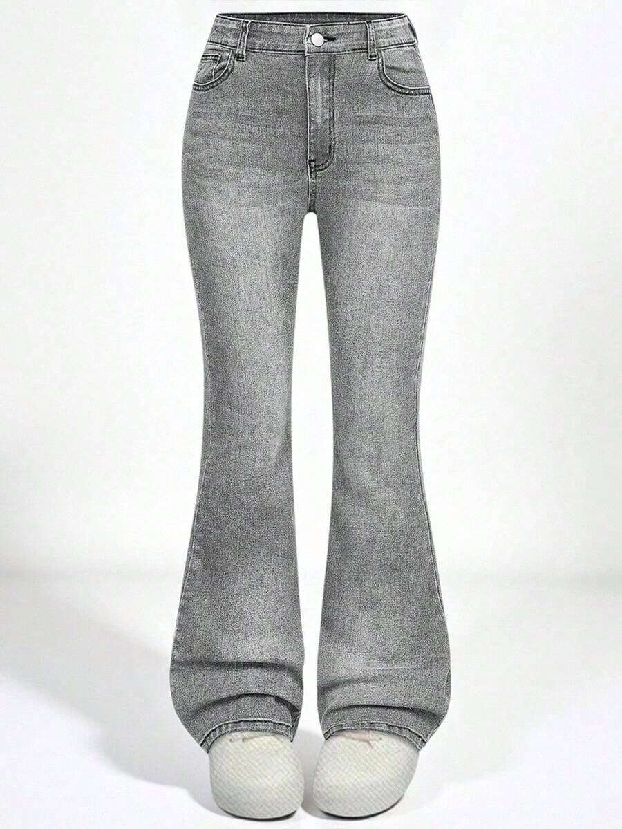 Explorewe Jeans de mezclilla estilo Y2K versátiles lavados y desgastados con pierna acampanada y elásticos para niñas adolescentes - Gris Claro 2 - Ver 1