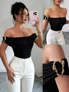 Top de tirantes casual y ajustado con decoración de hombro oblicuo para mujer - Negro - Ver 7
