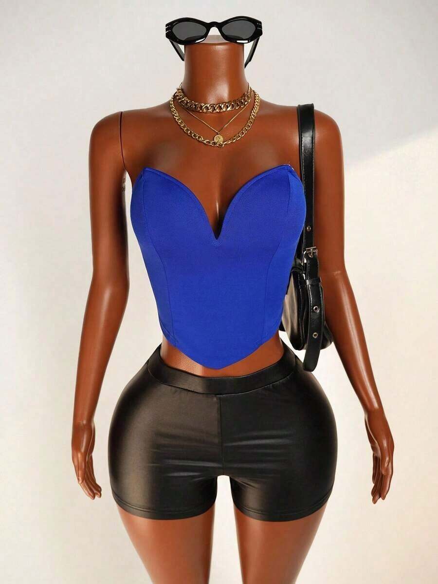 Top Sin Tirantes De Color Sólido Para Mujer - azul real - Ver 1