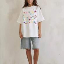 Camiseta de manga corta de algodón para mujer, talla grande, estilo europeo y americano, moderna, holgada, con estampado de letras, para verano. - Negro - Ver 6
