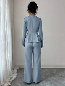 Elenzya Traje elegante que afina la cintura, pantalones acampanados y estilizadores para uso diario, adecuado para vacaciones, citas, Día de la Independencia, atuendo de maestra - Celeste - Ver 2