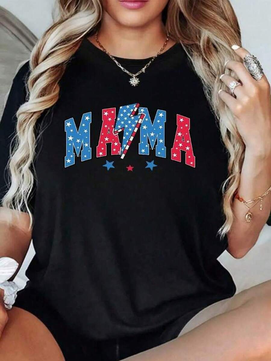 Estrellas y rayo en letras MAMA que simbolizan energía y amor familiar en colores patrióticos camiseta para mujer 100% algodón suave y cómoda