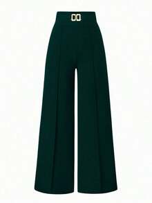 Pantalones informales de pierna ancha de unicolor para mujer - Verde Oscuro - Ver 1