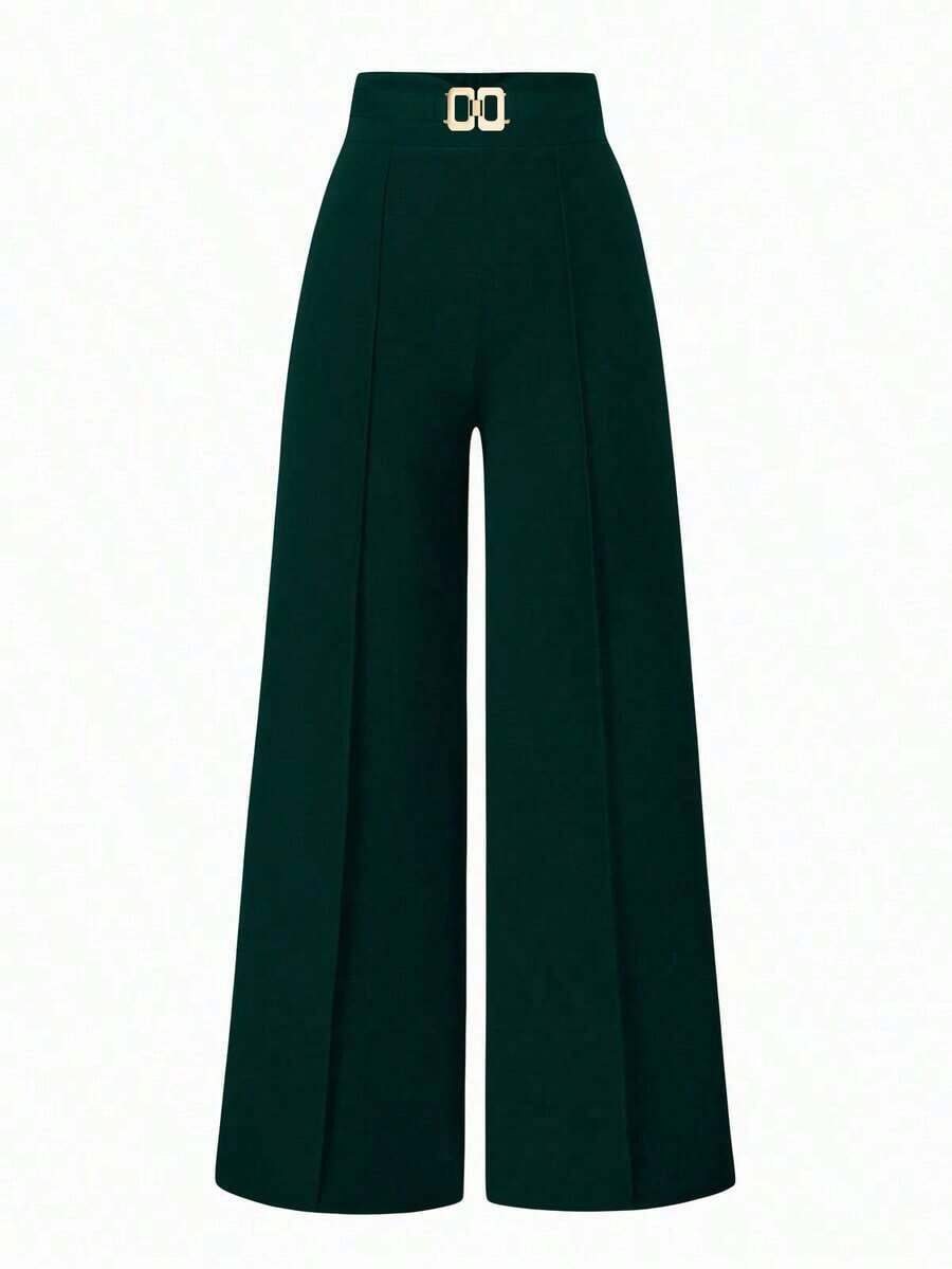 Pantalones informales de pierna ancha de unicolor para mujer - Verde Oscuro - Ver 1