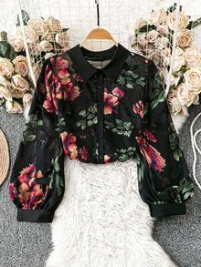 Blusa minimalista de unicolor transparente con cuello vuelto, blusas de manga larga - Negro 2 - Ver 6