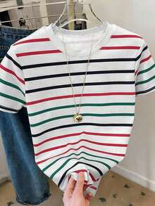 Camiseta de mujer de manga corta, cuello redondo y rayas, informal, para verano - Multicolor - Ver 3