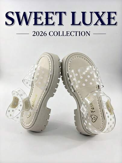 夏季新品，适合3-12岁女孩，米色厚底波点透明凉鞋，防滑增高透气后跟带，清新甜美风格，本季沙滩、学校、日常户外活动热销款