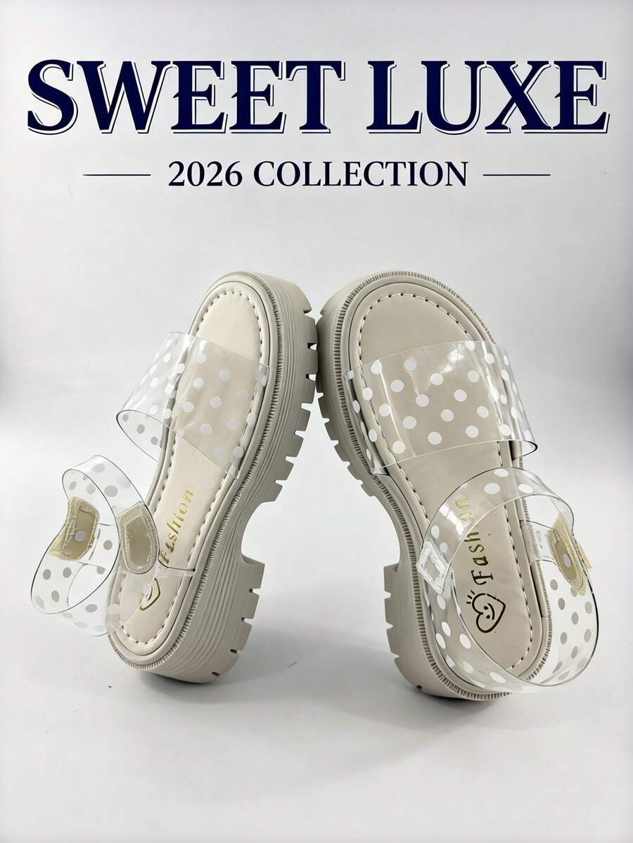 夏季新品,适合3-12岁女孩,米色厚底波点透明凉鞋,防滑增高透气后跟带,清新甜美风格,本季沙滩、学校、日常户外活动热销款 - 無色 - 查看 1