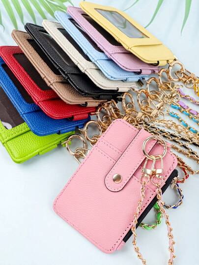 1pc Women's PU Leather Card Holder Wristlet - Litchi Texture Mini Wallet With Detachable Gold Chain, Transparent ID Window & Zipper Coin Pocket, Multi-Slot Organizer For Everyday Use