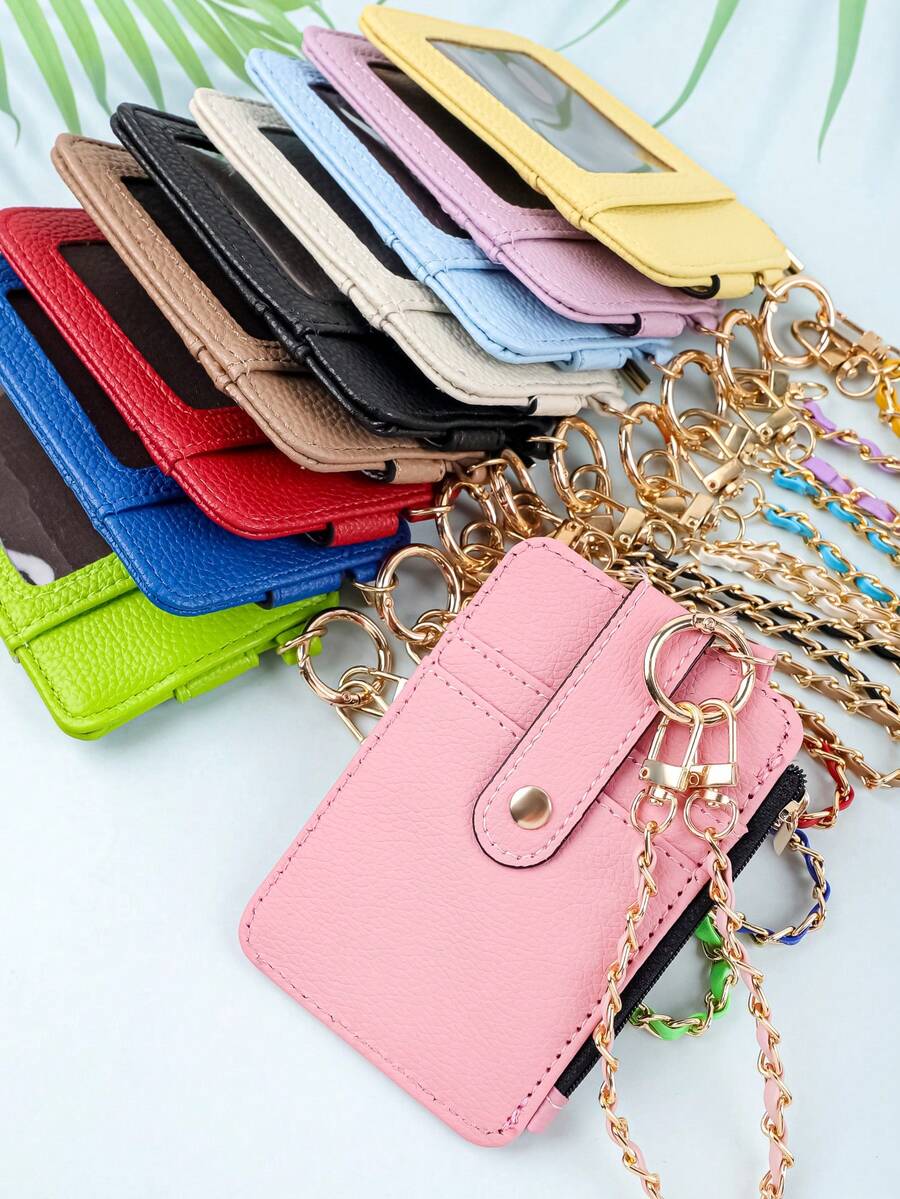 1pc Women's PU Leather Card Holder Wristlet - Litchi Texture Mini Wallet With Detachable Gold Chain, Transparent ID Window & Zipper Coin Pocket, Multi-Slot Organizer For Everyday Use - Multicolor - View 1