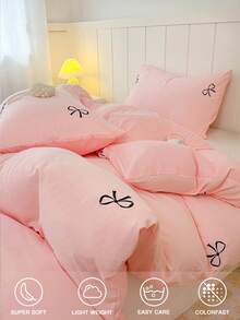 3pcs Embroidered Bowknot Solid Color Bedding Set, Cute & Fresh Pattern, 100% Polyester Material. Set Includes: 1 Duvet Cover With 4 Corner Ties & Zipper, 2 Pillowcases. Suitable For Wedding/Bedroom/Dorm/Travel - Pink - View 5