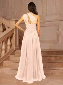 Vestido formal largo para dama de honor, invitada de boda, evento, verano, San Valentín, cumpleaños, con cuello cruzado asimétrico de un hombro, espalda descubierta, falda de tul en línea A, vestidos de mujer para otoño, regreso a clases, fiesta de bienvenida, cumpleaños, primavera elegante - Rosa - Ver 2
