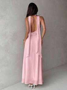 Vestido de mujer con cuello drapeado, línea A y espalda descubierta en color amarillo fluido - Rosa Pálido - Ver 2