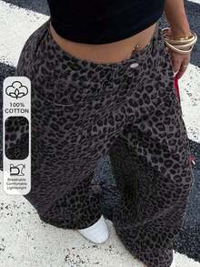 Jeans anchos y sueltos con estampado de leopardo, estilo casual y chic de la calle para uso diario - Gris - Ver 1