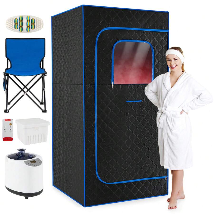 GOFLAME Large Steam Sauna Box 88 X 88 X 180 CM Sauna Tent With 3L Fast-Heat Steamer 15-Level Temperature Home Spa With Remote Control Foldable Chair & Mat - Blue - View 1