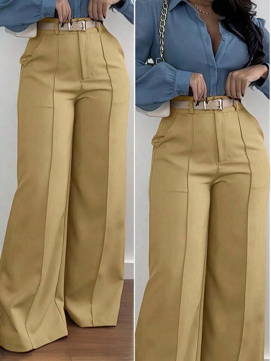 Pantalones de pierna ancha con bolsillo con cremallera Jisfaneya, elegantes, versátiles para la oficina, la escuela y el uso diario, de unicolor sin cinturón, para primavera y verano, en color negro - Caqui - Ver 1