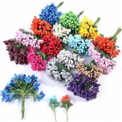 Bộ 36 quả mọng nhân tạo, hoa trang trí hộp kẹo 85mm, phụ kiện đội đầu tự làm, phụ kiện ốp điện thoại, xốp nhiều màu sắc có lá, lõi hoa hạt thủy tinh nhỏ, vật liệu làm vòng hoa và cắm hoa.