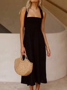 Vestido tirantes cuello barco algodón lino unicolor espalda descubierta elegante sensual estilo europeo verano - Negro - Ver 5