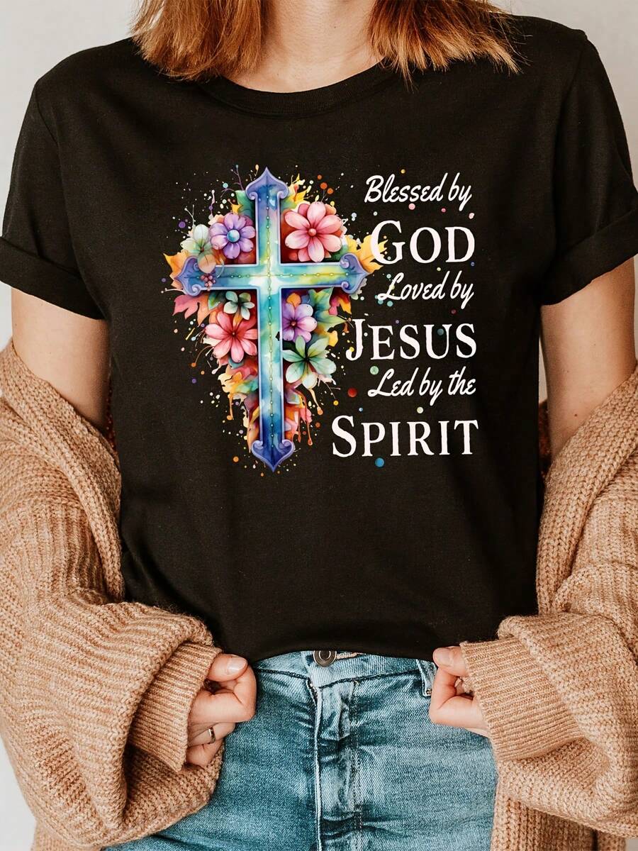 Elegante Camiseta Casual de Manga Corta para Mujer, Primavera/Verano, con Estampado Floral Cruzado y Cuello Redondo, Camiseta Chic de Moda para Mujer. - Negro - Ver 1