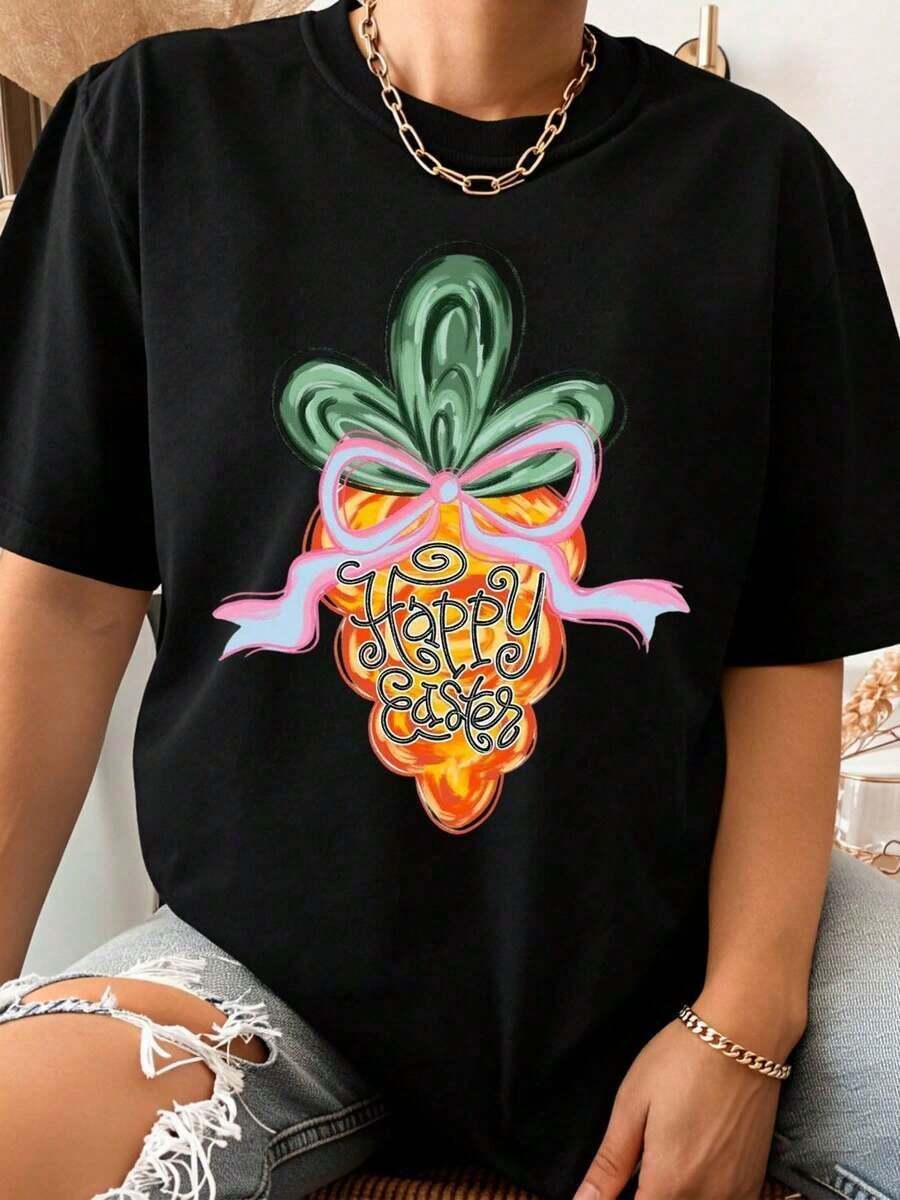 Camiseta con Estampado de Piña para Pascua, para Mujer, Primavera Verano, Estilo Casual, Ropa Festiva, Regalo de Pascua, Diseño Artístico, Camiseta Moderna y, Estilo Vintage Urbano, Unisex, de Algodón, Manga Corta, Cuello Redondo, Corte Holgado - Negro - Ver 1
