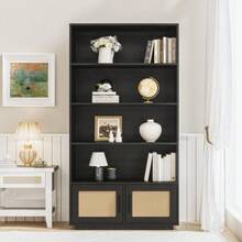 Estantería boho de madera de 5 niveles con puertas de ratán – Amplio armario de exhibición y almacenamiento – Librero alto para sala de estar, dormitorio, oficina en casa o cocina. - A5 - Ver 5