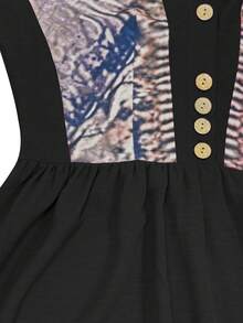 Plus Size Bohemian Western Print Patchwork Maxi Dress, Front Button Ruffle Hem Long Dress Elegant - Black - View 7