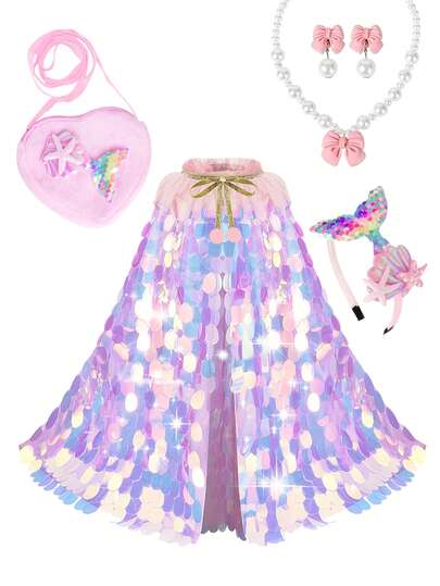 Mermaid Hair Clip Set, Mermaid Hair Accessories, Mermaid Pendant, Mermaid Set, Heart-Shaped Crossbody Bag, Coin Purse, Mermaid Tmaid Glitter Set, Perfect Choice For Best Friend Princess Gift Set, Suitable For Cosplay, Vacation, Daily Wear, Halloween, Birthday Party, Christmas
