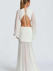 Vestido largo de gasa manga larga espalda descubierta color liso elegante - Blanco - Ver 4