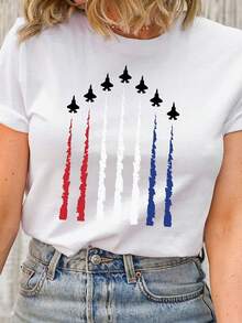 Camiseta F35 Bandera Americana Regalo Patriótico de Aviación. 220 g algodón puro unisex. Peso ideal para todas las estaciones, apto para hombres y mujeres. Tejido duradero de alta calidad, suave al tacto y de larga duración. Top transpirable. Adecuado para mujer para primavera y verano, vacaciones, Día de la Madre, Día de la Independencia. - Blanco - Ver 1