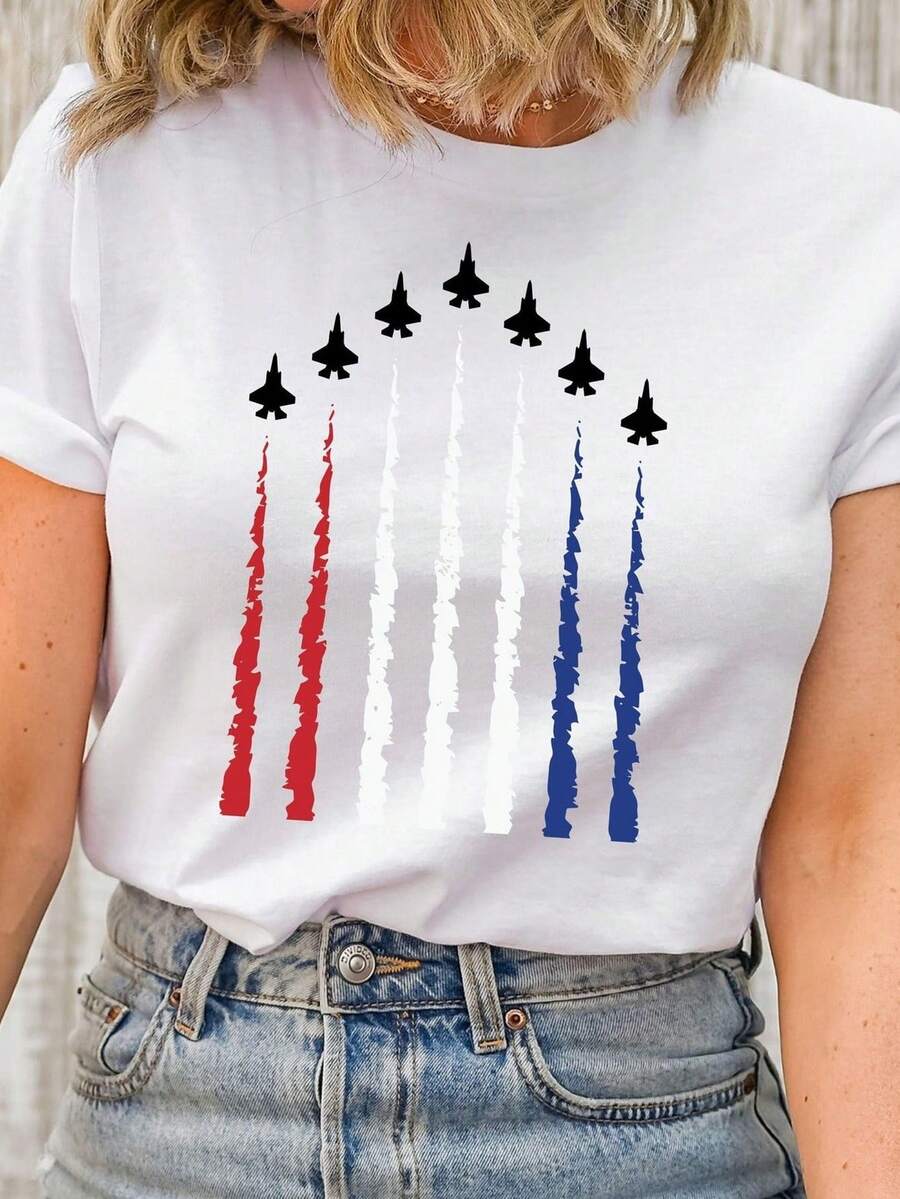 Camiseta F35 Bandera Americana Regalo Patriótico de Aviación. 220 g algodón puro unisex. Peso ideal para todas las estaciones, apto para hombres y mujeres. Tejido duradero de alta calidad, suave al tacto y de larga duración. Top transpirable. Adecuado para mujer para primavera y verano, vacaciones, Día de la Madre, Día de la Independencia. - Blanco - Ver 1