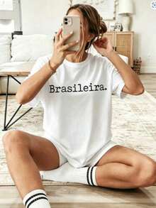 Camiseta Casual de Mujer con Cuello Redondo y Estampado de la Letra "Brasileira" |     100% Algodón, Largo Regular, Camiseta de Moda Primavera/Verano, Unisex, Artículo Más Vendido, Suave, Transpirable, Ligera, Lavable a Máquina, Camiseta Estampada de Manga Corta con Cuello Redondo Cómoda. - Blanco - Ver 1