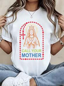Camiseta de Estilo Religioso Vintage con Diseño de la Virgen María y Rosario, Texto 'Llama a Tu Madre', Ropa Casual de Verano para Mujeres Devotas e Ideas de Regalo Religiosas - Blanco - Ver 2