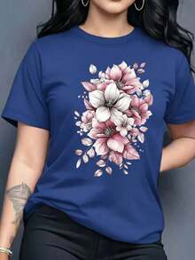 Women's Graphic T-Shirt, Short Sleeve, Round Neck, Basic, Comfortable, Cool, Lightweight, Modern, Youthful, Feminine, Floral Print, Lily, Leaves, 3D - 皇家藍 - 查看 4