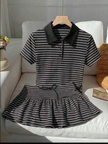 Conjunto de 2 piezas de camiseta de manga corta a rayas y minifalda de moda casual para mujer, primavera/verano 2026.Ropa de mujer de verano, conjunto de playa para el Día de San Valentín, estilo Y2K en color rosa claro - Blanco y Negro - Ver 8