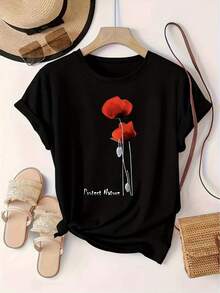 Camiseta de manga corta con cuello redondo y estampado floral de moda europea y americana para mujer - Negro - Ver 5