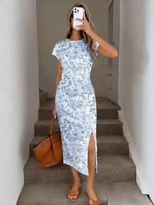 Vestido midi sin mangas con abertura alta, estampado elegante de lazo a rayas rosa, estilo minimalista casual; Vestido de punto de textura casual ajustado para mujer; Conjunto de fitness para mujer; Vestido de invitada de boda para mujer; Atuen - Multicolor 11 - Ver 6