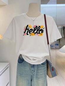 Camiseta nueva 2026, estampado floral con letras en un estilo fresco, cuello redondo, manga corta, camiseta casual y hermosa para mujer, lavable a máquina, transpirable y cómoda. - Blanco - Ver 11