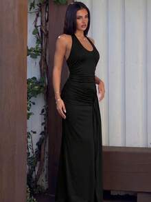 Women's Single-Color Halter Summer Dress With Drawstring, Open Back, Side Slit, Fitted Cut, Elegant And Sensual European Style For Women - Black - View 4