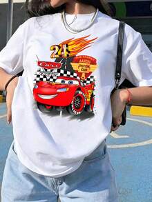 Unisex Disney Cars Flame McQueen Tee, Racing Print, Casual Fit, Bold & Eye-Catching. - 白色 - 查看 3